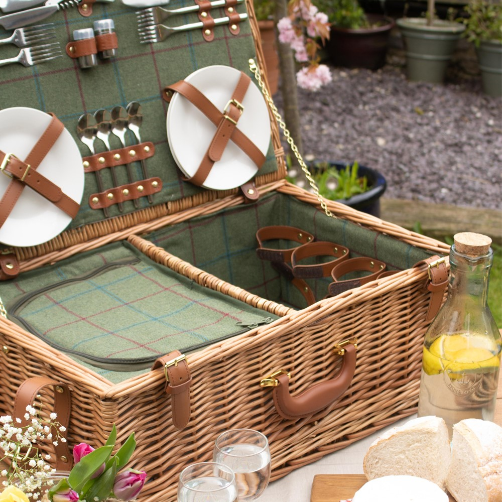 Green Tweed Picnic hamper - 4 person, 58 x 38 x 22cm, Brown/Green-1