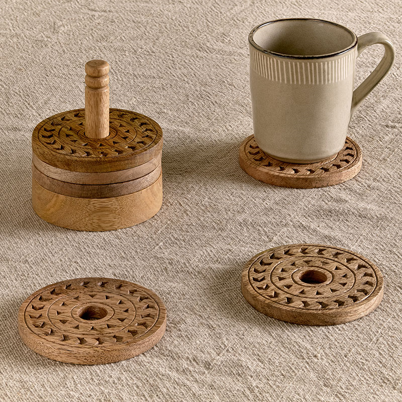 Anali Mango Wood Coasters, D10cm, Natural-0