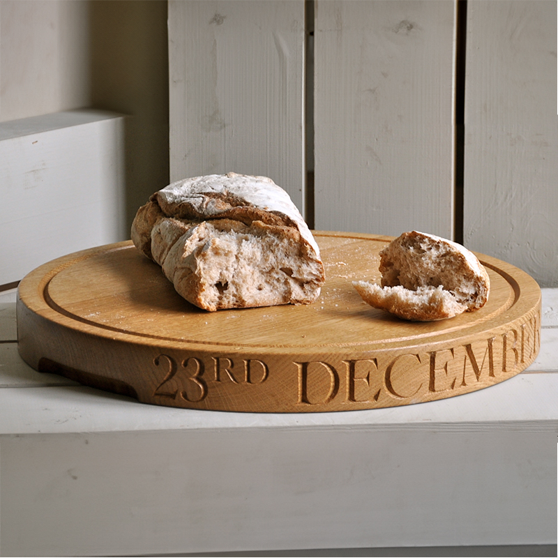 Engraved Thick Round Board with Groove Handles, Oak, 38 x 4.5cm-0