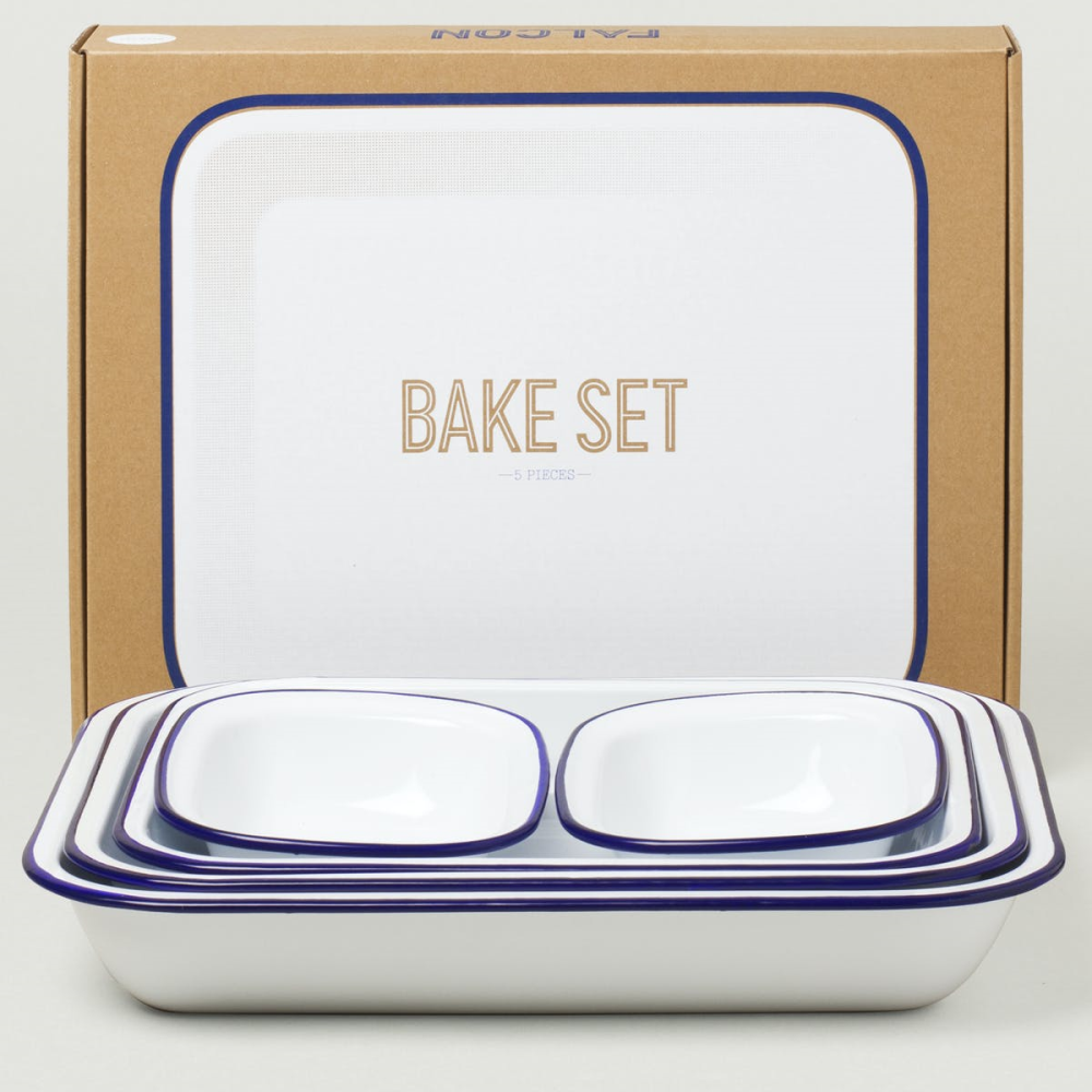 Enamel 5 Piece Bake Set, White with Blue Rim-0