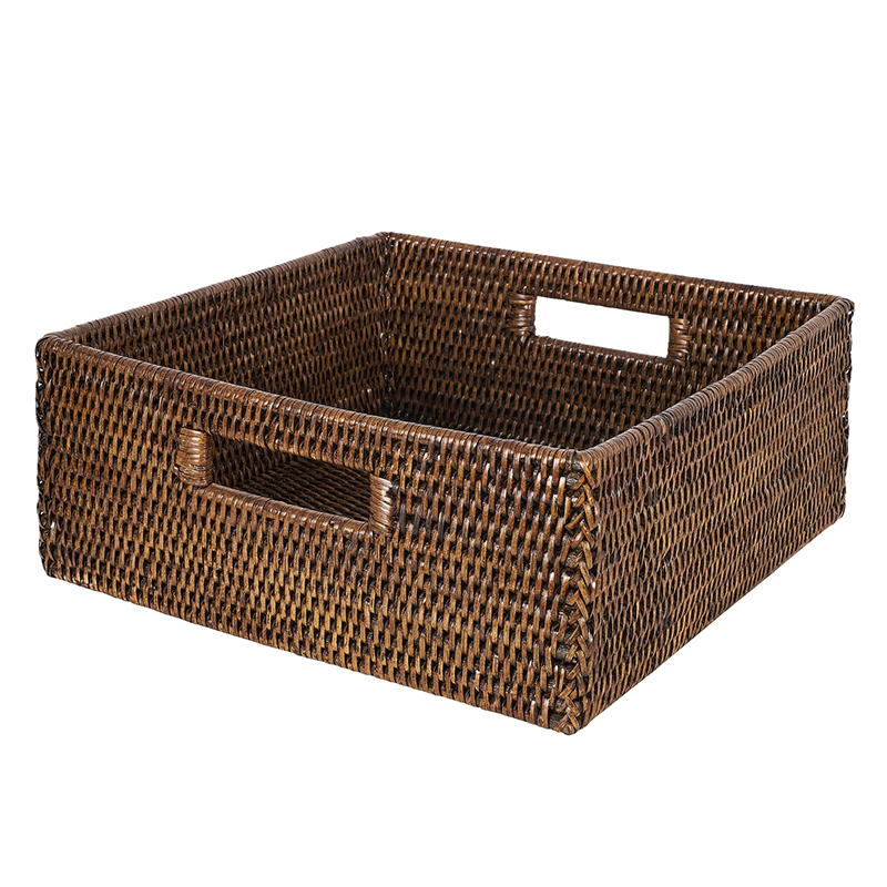 Rattan Square Storage Basket, L32 x W32 x H13cm, Brown-0