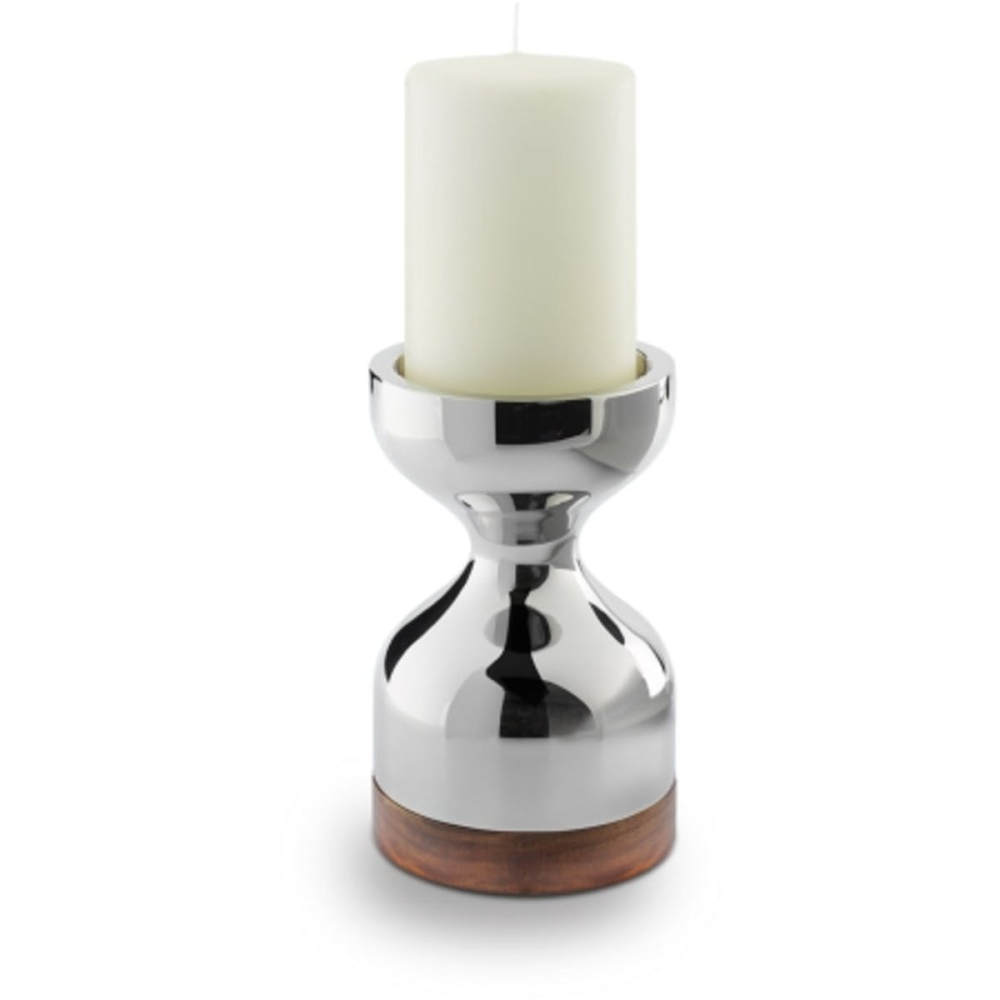 Limbrey Candlestick large, D13.4 x H21.4cm, Stainless Steel And Walnut Wood-0