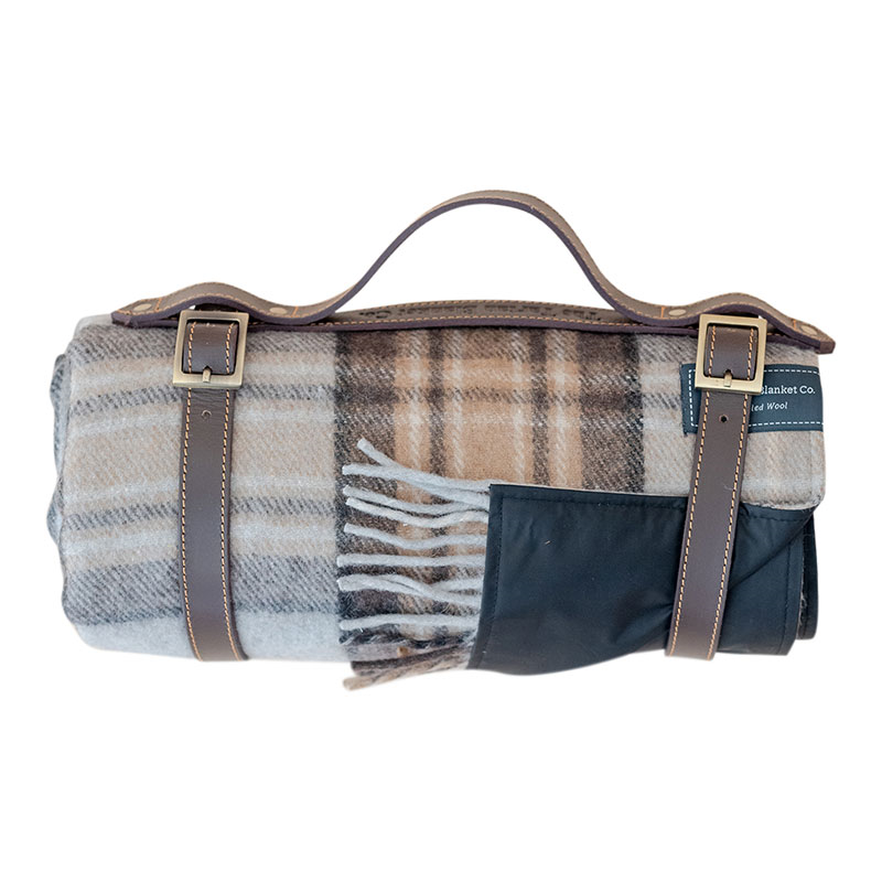 Recycled Wool Picnic Blanket with Brown Leather Carrier, 140 x 190cm, Mackellar Tartan-1