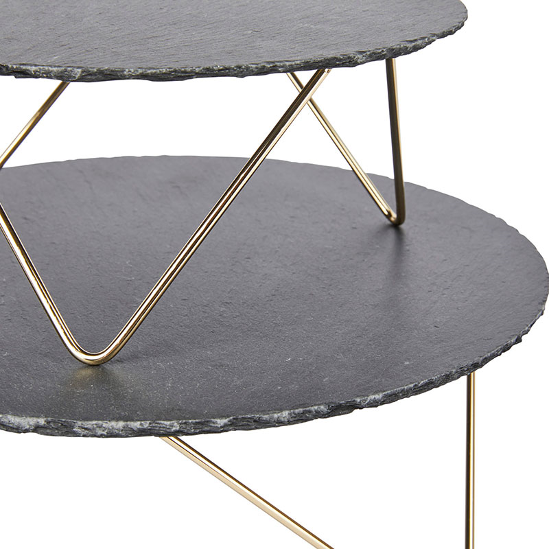 Two Tier  Slate Serving Stand, Black/Gold-3