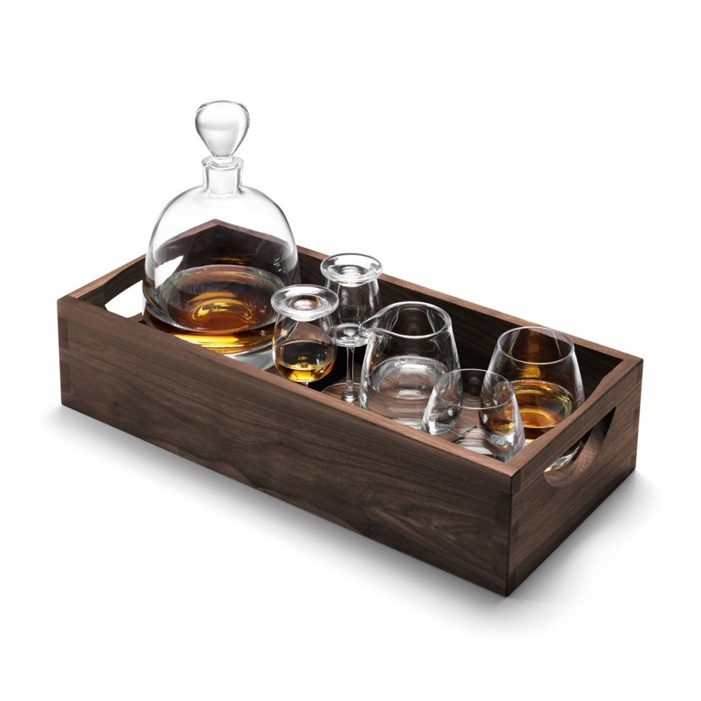 Whisky Islay connoisseur set and walnut tray, L44cm, clear-0