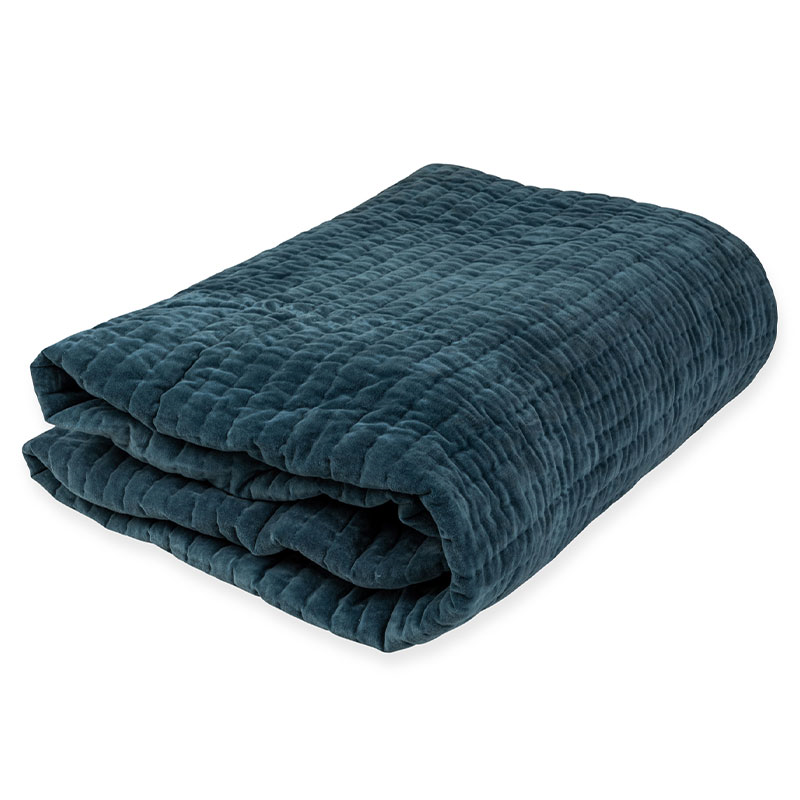 Kantha Velvet Double / King Bedspread, Steel Blue-2