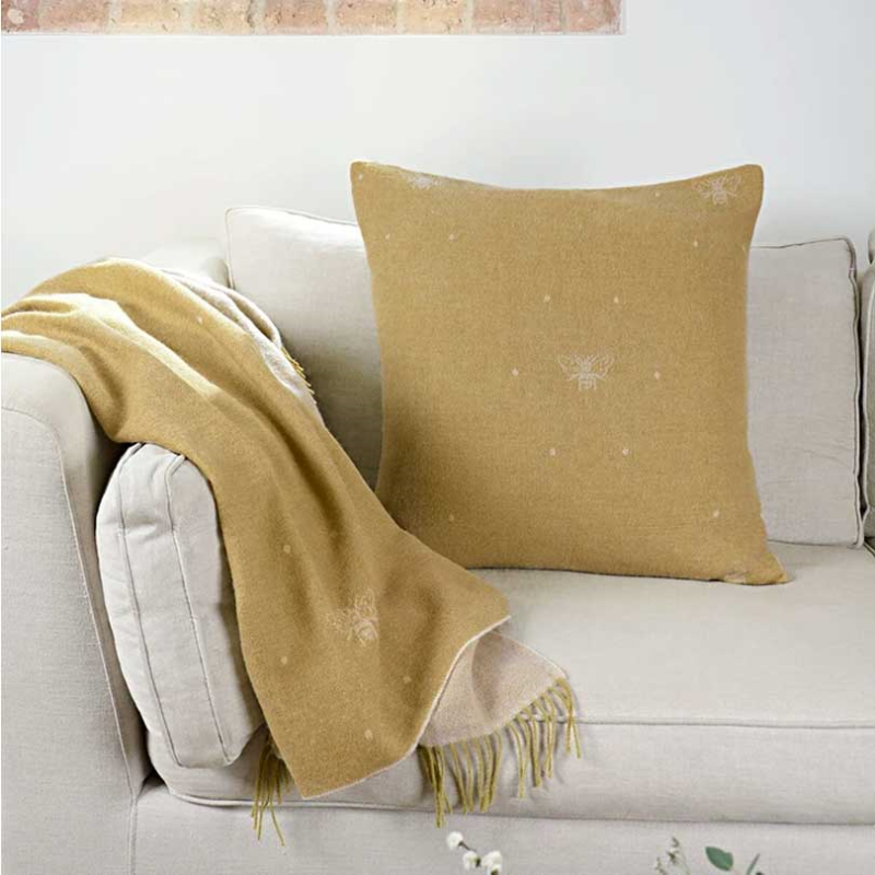 Bees Knitted Wool Throw, 130 x 164cm, Mustard-1