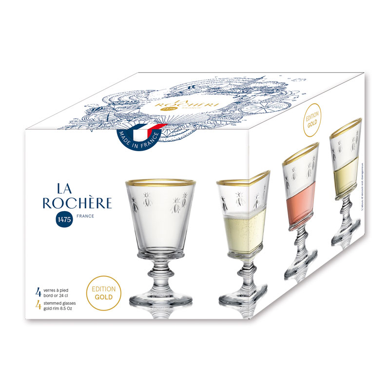 Bee Set of 4 Wine Glasses, 240ml, Clear with Gold Rim-2