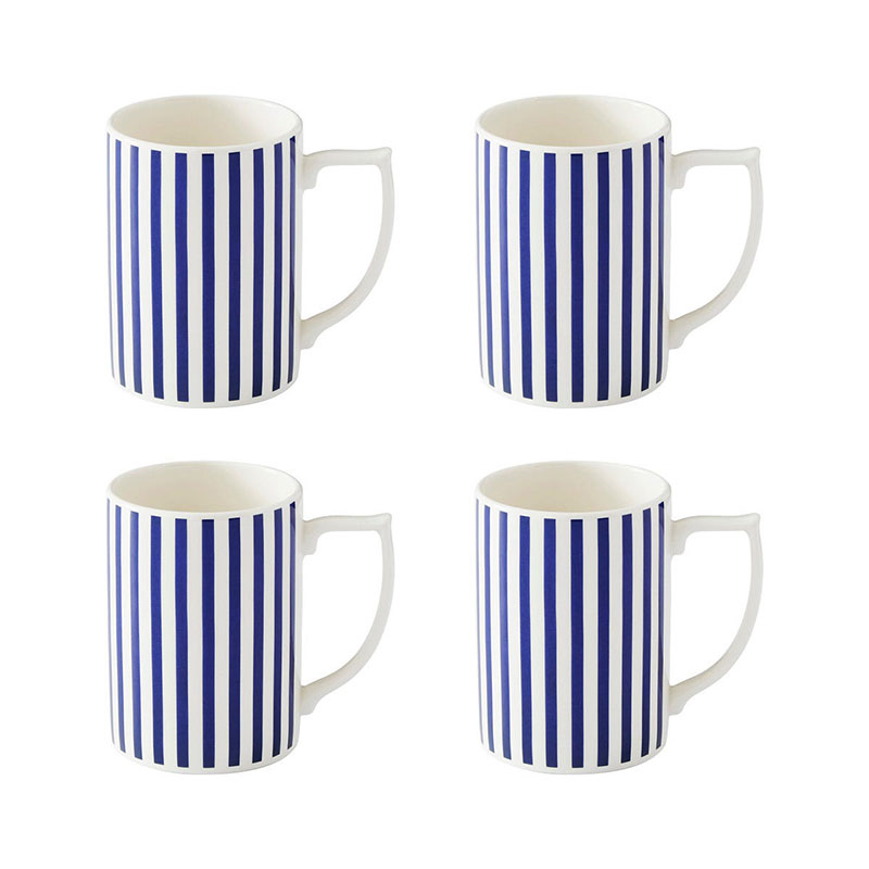 Stecatto Set of 4 Mugs, 340ml, White and Blue Narrow Stripe-1