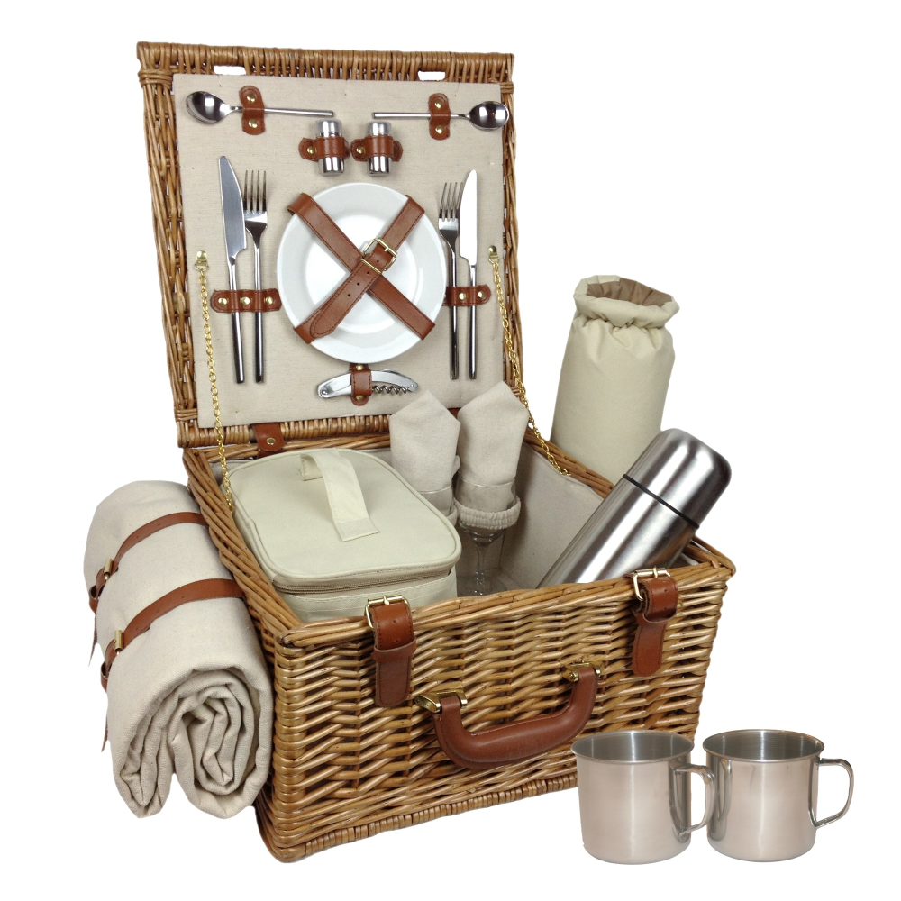 Deluxe Picnic hamper - 2 person, 38 x 38 x 21cm, Cream/Brown-0