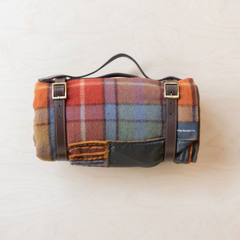 Recycled Wool Picnic Blanket with Brown Leather Carrier, 140 x 190cm, Buchanan Antique Tartan-0