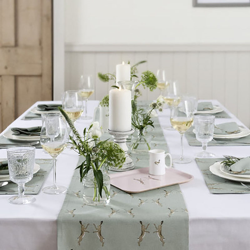 Boxing Hares Table Runner, 35 x 280cm, Duck Egg Grey-0