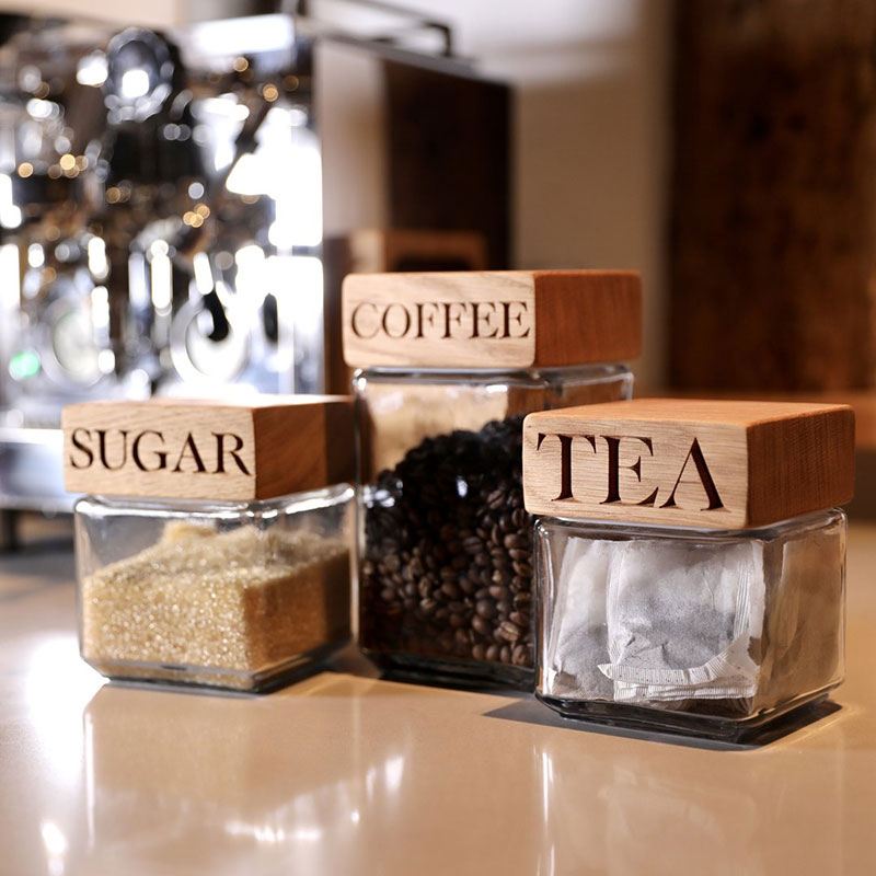 Tea, Coffee, Sugar Storage Jar Set of 3, Oak & Glass-0