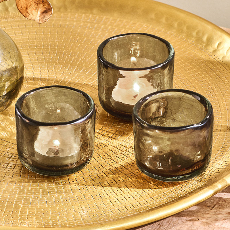 Irda Set of 3 Small Glass Tealights, Smoke Brown-0