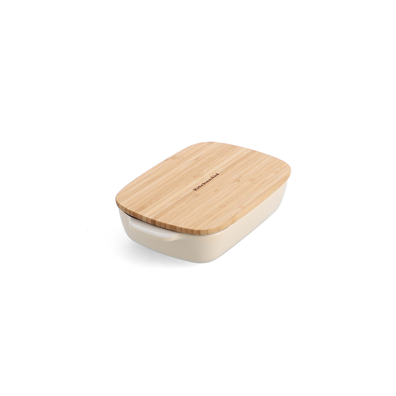 Stoneware Dish with Bamboo Lid, 20cm, Almond Cream-7