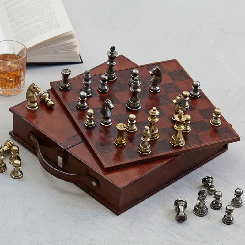 Chess set, L33 x W33 x H7cm, tan leather-0