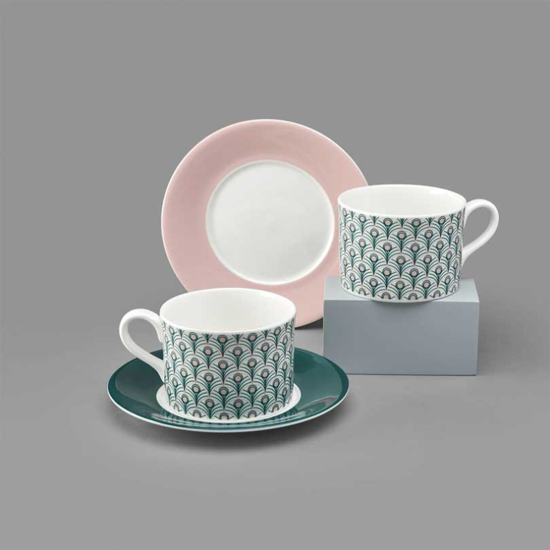 Peacock Cup and Saucer, 250ml, Teal & Blush Pink-2