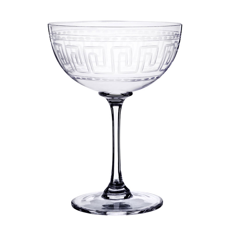 Greek Key Set of 2 Crystal Champagne Saucers, 150ml, Clear-0