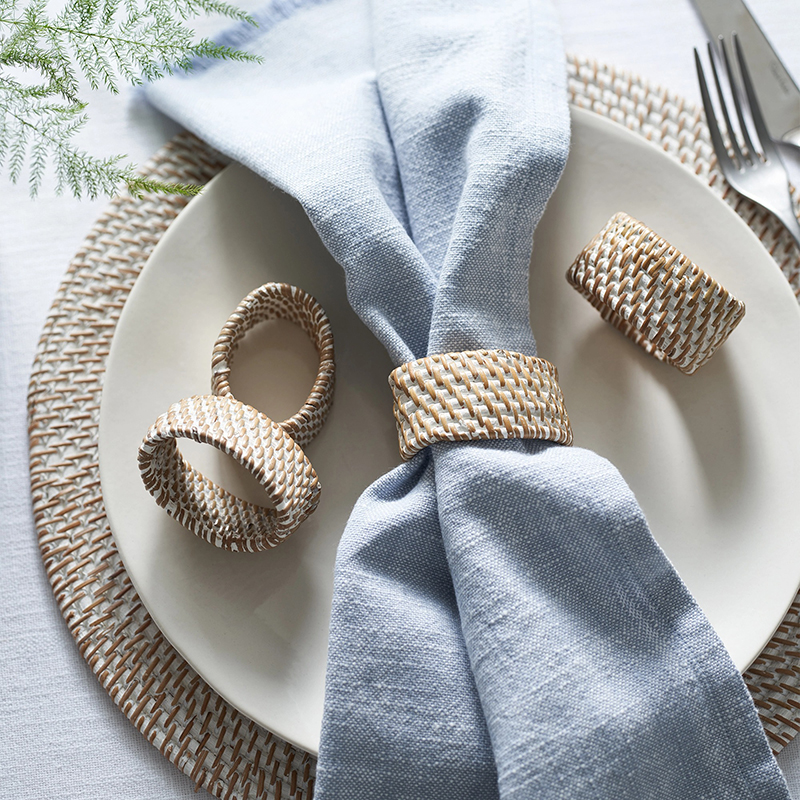 Rattan Set of 4 Napkin Rings, White-0