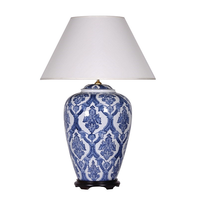 Patterned Vase Lamp with shade, blue and white-0