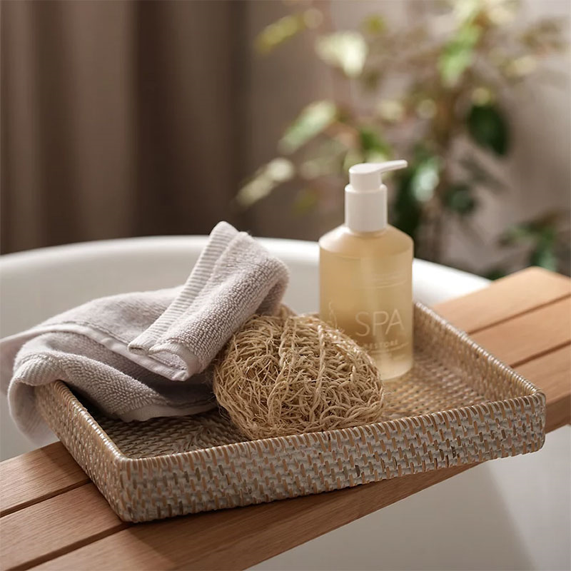 Natural Woven Whitewashed Rattan Vanity Tray, White-0