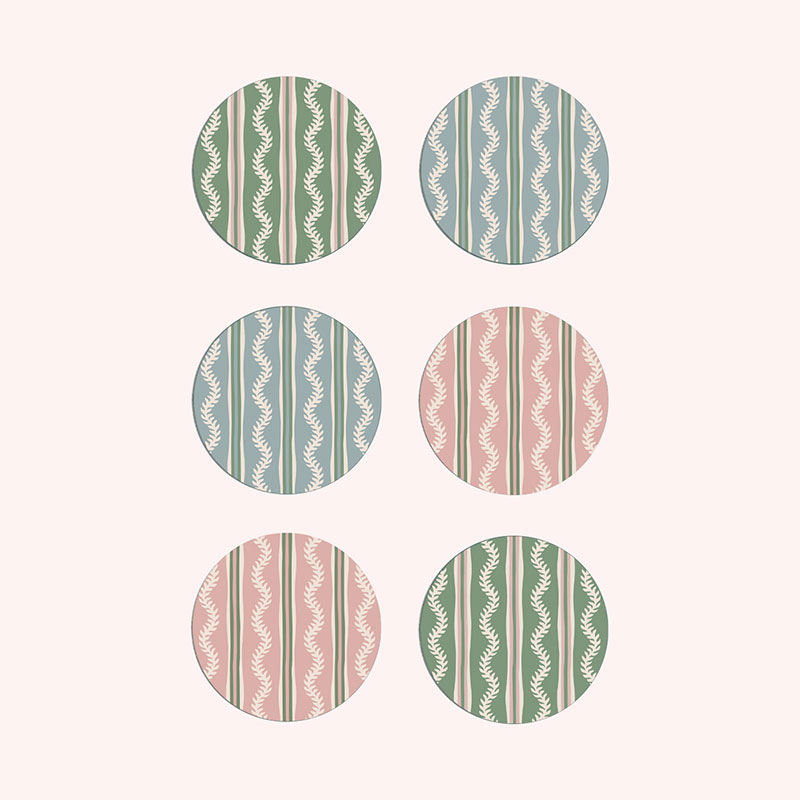 Vines Set of 6 Coasters, D10cm, Green & Pink-0