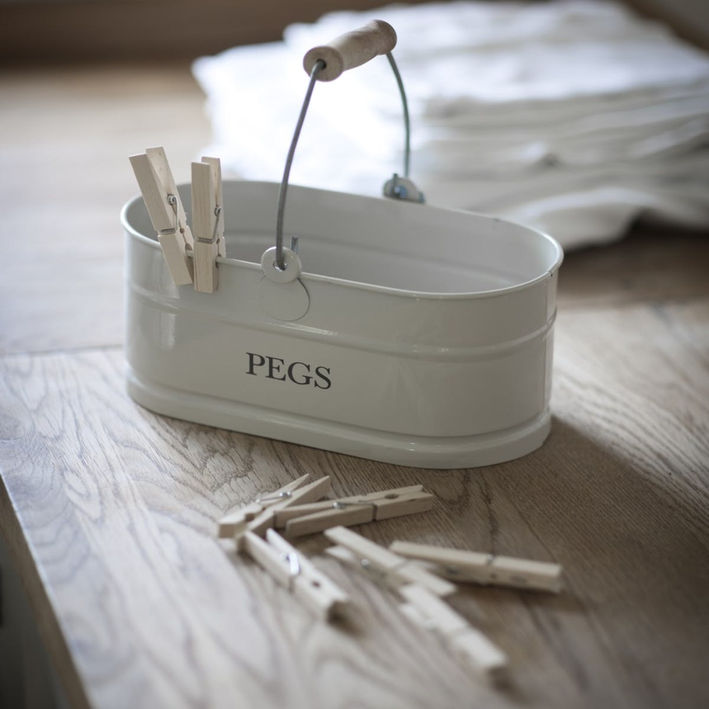 Peg basket, H14 x W27 x D14.5cm, Chalk Coloured Powder Coated Steel With Wood Grip-0