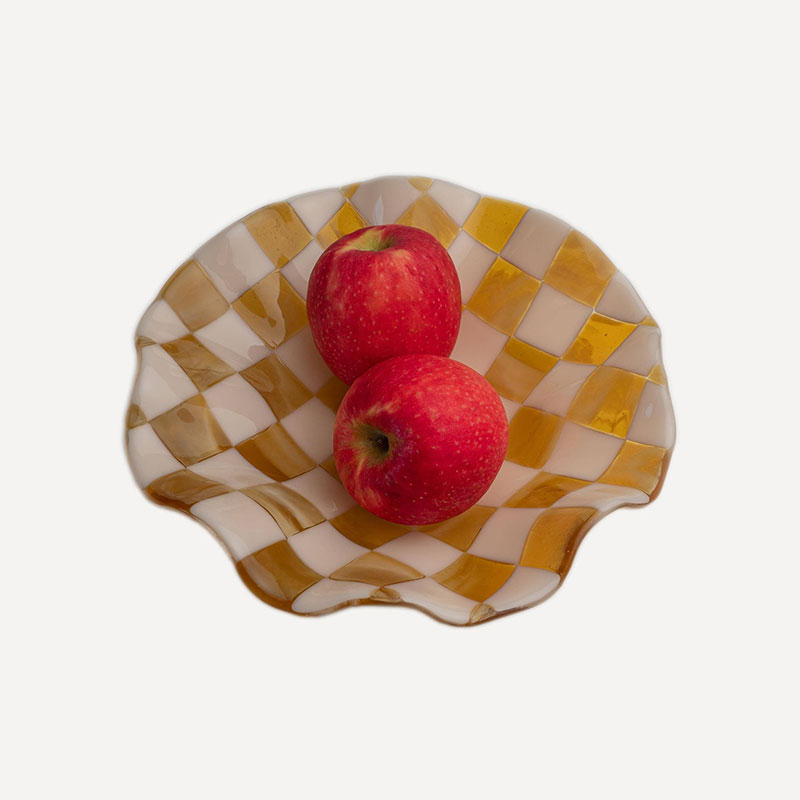 David Perry Bullseye Checkered Wavy Bowl, 25x25x6cm, Almond & Amber-2