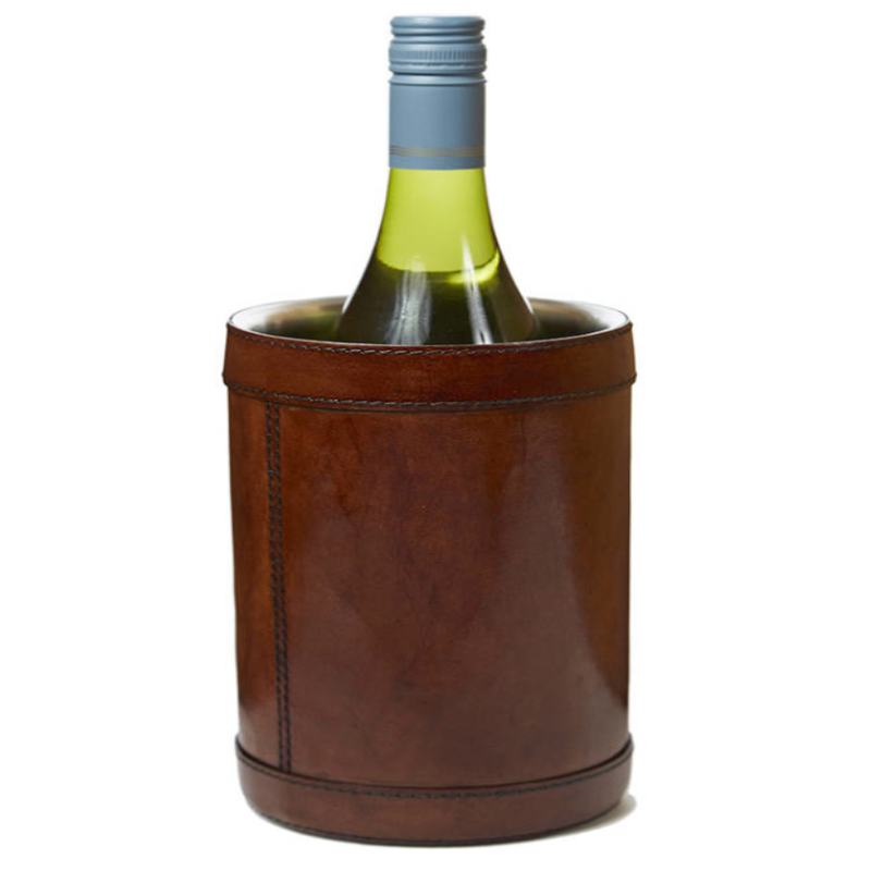 Wine Cooler, 21cm, Brown Leather Bound, 21cm-0