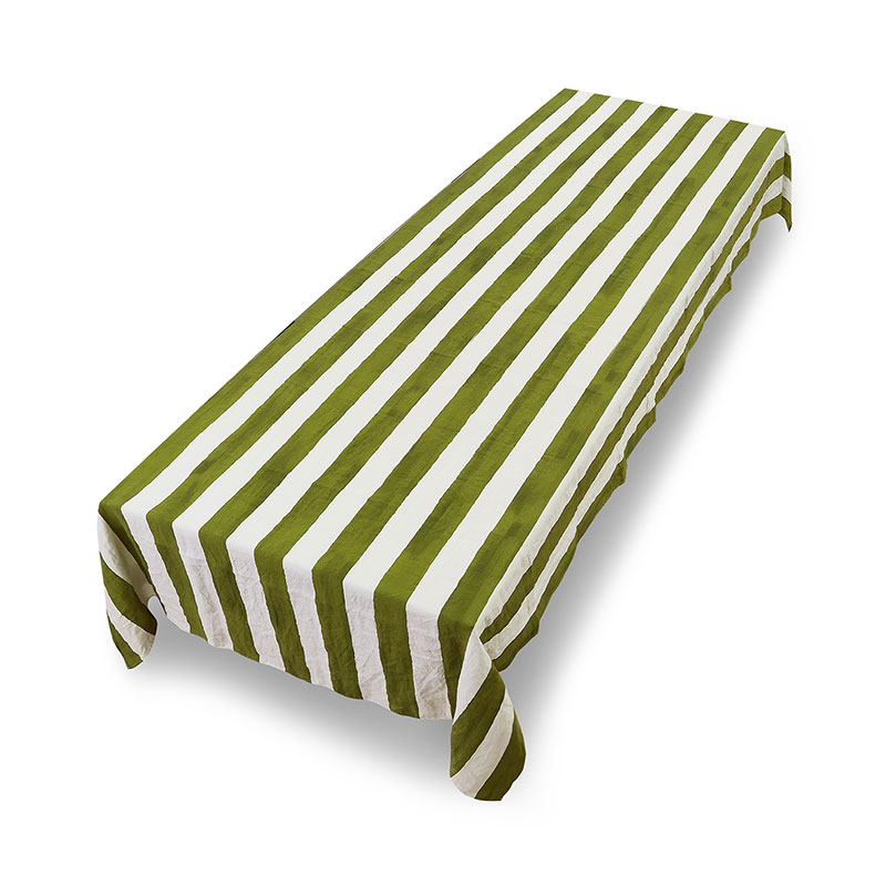 Stripe Linen Tablecloth, 250cm x 165cm, Avocado Green-1