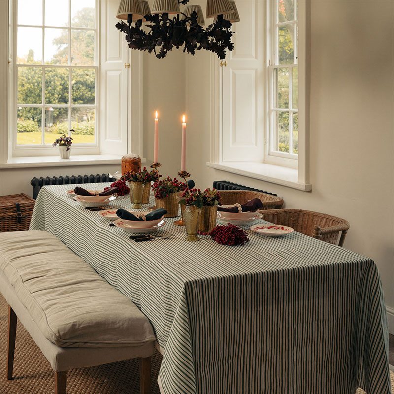 Victoria Striped Linen Tablecloth, 160 x 260cm, Fir Green-0