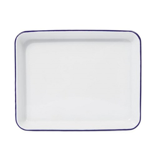 Enamel serving tray, L28 x W22 x H3.5cm, white with blue rim with blue rim-1