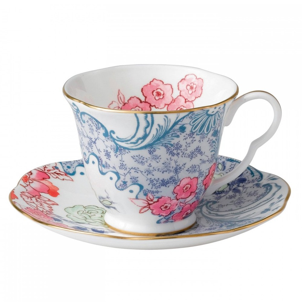 Harlequin Collection - Butterfly Bloom Teacup and saucer, Blue And Pink-0