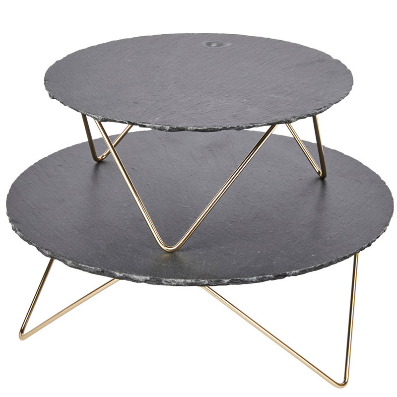 Two Tier  Slate Serving Stand, Black/Gold-1