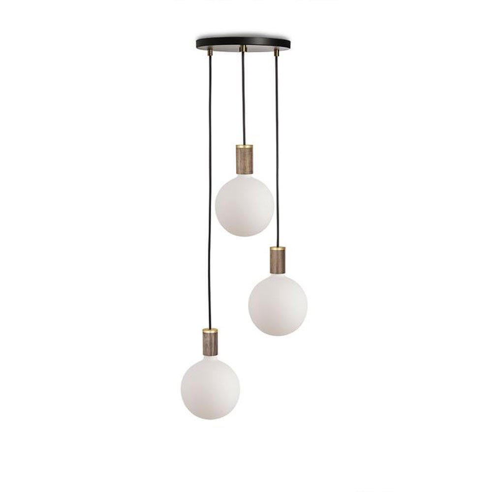 Canopy & Sphere Bulb Triple ceiling plate & pendant set, H400 x W25cm, Black & Walnut-0