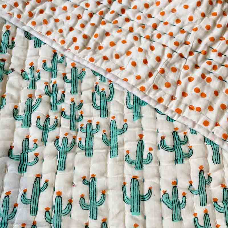 Cacti Blockprint Reversible Padded Quilt, 110 x 152cm, White/Jade Green-2