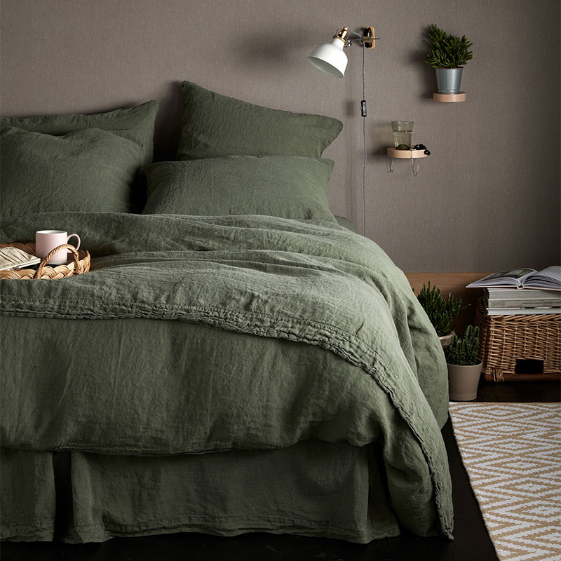 Linen Fitted Sheet, Double, Olive Green-1