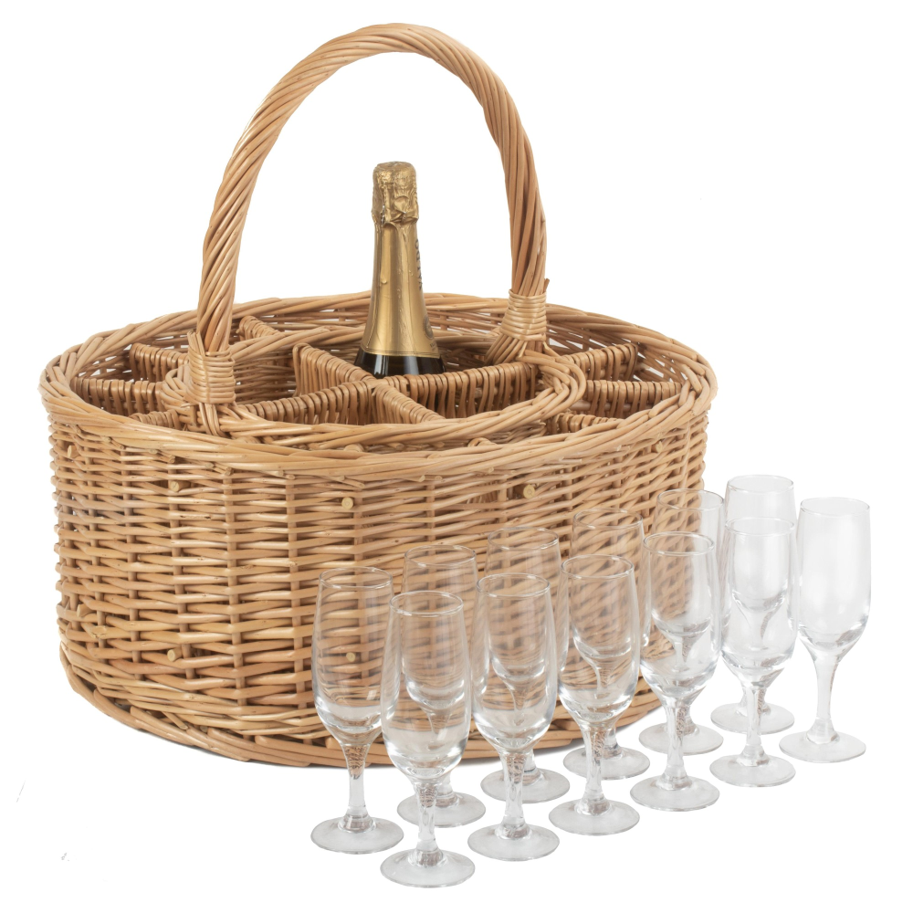 Garden party basket with 12 Champagne glasses, H21 x W30 x L46cm, Willow-0