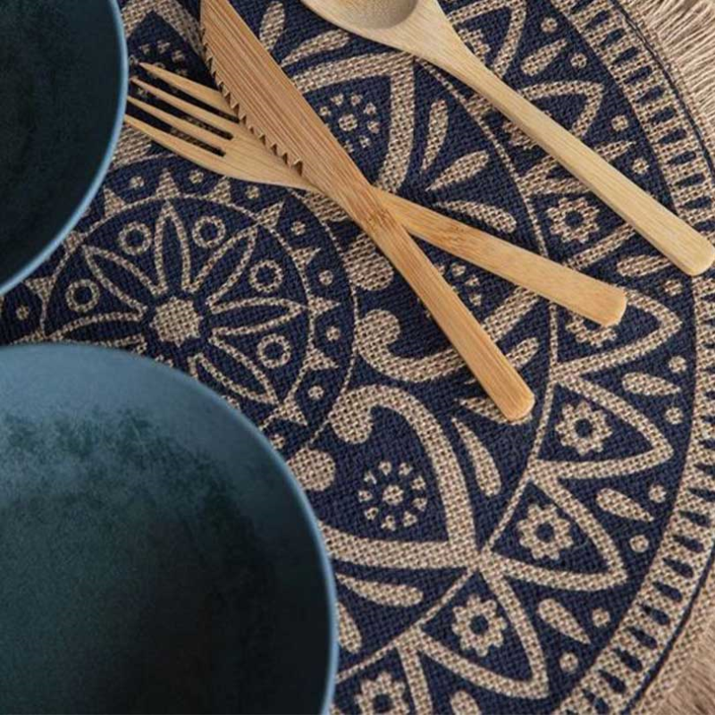 Mandala Woven Set of 4 Placemats, D42cm, Blue-1