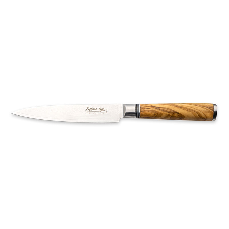 Katana Saya Olive Wood Utility Knife, 12cm Damascus Blade-0