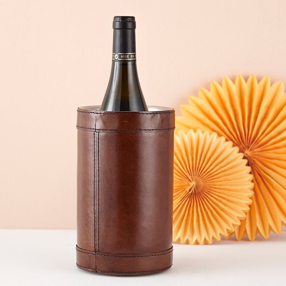 Wine Cooler, 21cm, Brown Leather Bound, 21cm-3