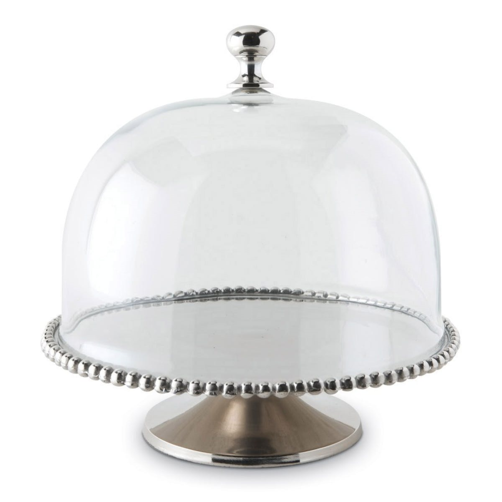 Beaded Edge Cake stand with domed lid - large, 30 x 30cm, Aluminium, Nickel And Glass-0