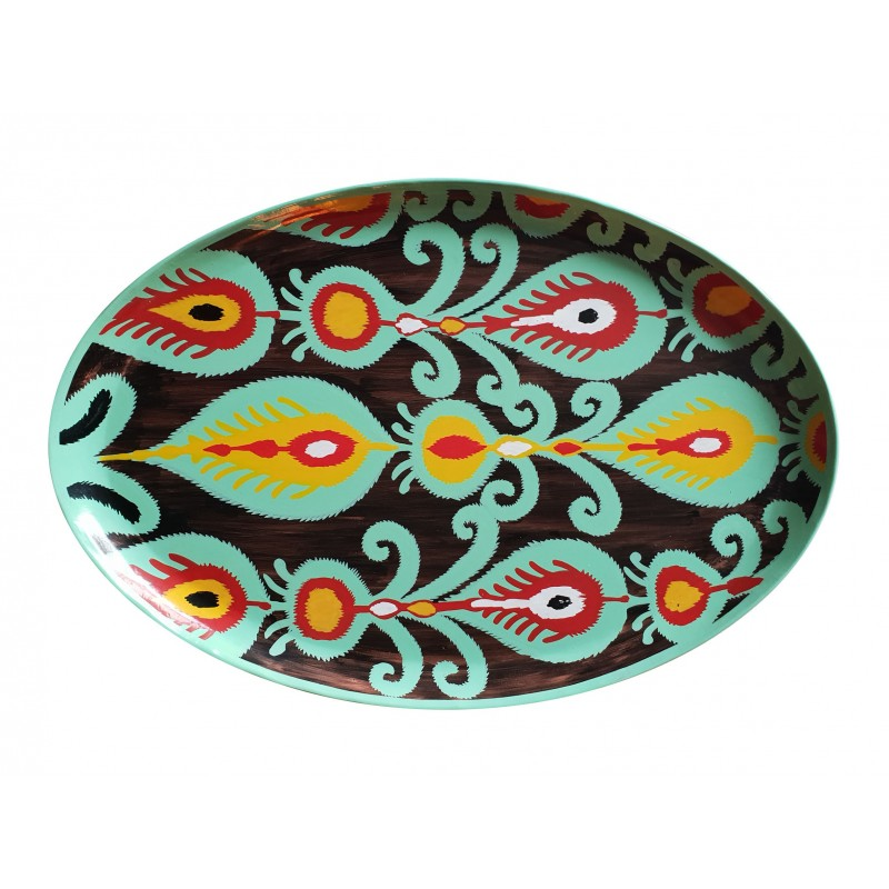 Ikat Oval Handpainted Iron Tray, 48 x 39cm, Green-0