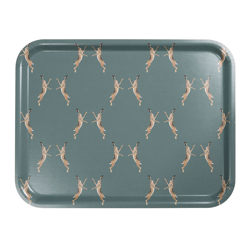 Boxing Hares Large Printed Tray, Blue-2