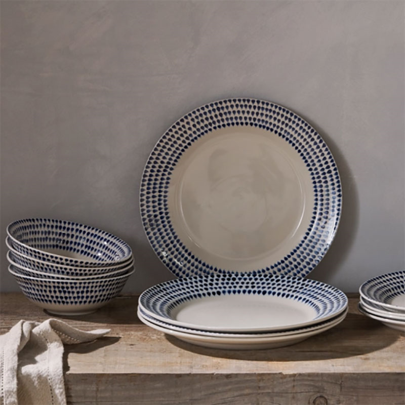 Indigo Drop 12 Piece Dinner Set, Cream & Blue-0