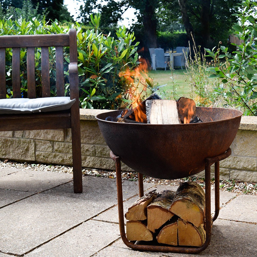 Outdoor cast iron firebowl on stand, W57cm, Rust-2