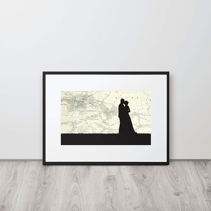 Personalised Map Print with Wedding Silhouette Voucher, 30 x 21cm, Black Frame-0