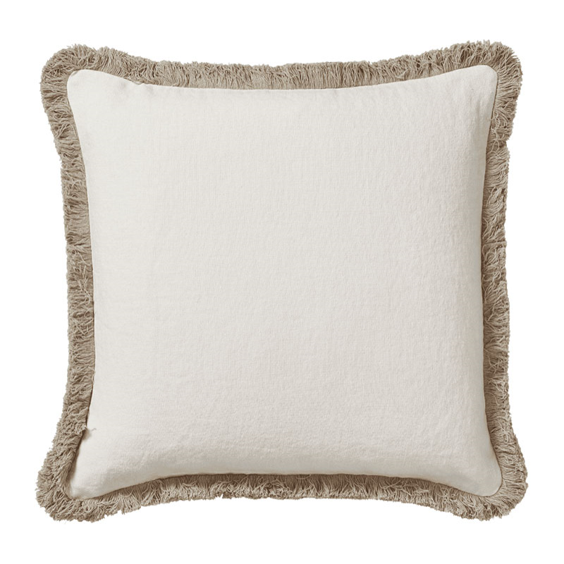 Stonewashed Linen Cushion Cover with Fringing, 51cm, Off White-0