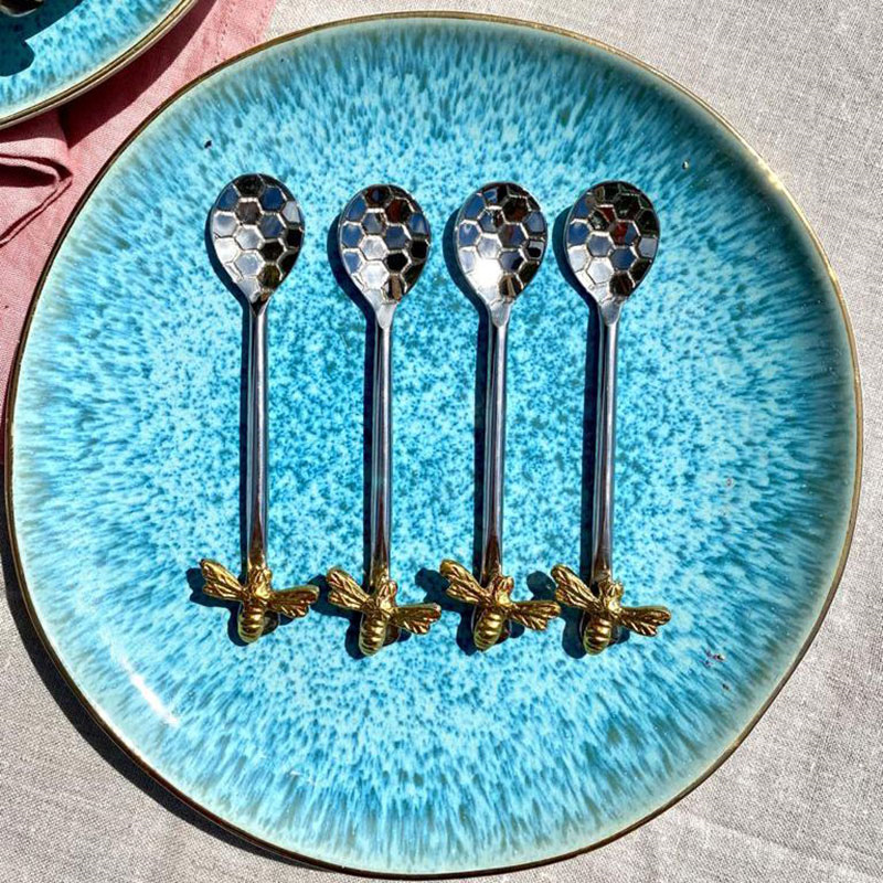 Bee Honeycomb Set of 4 Coffee Spoons, L13cm, Silver-4