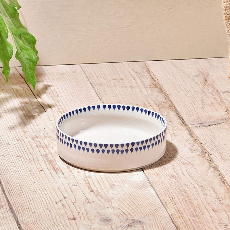 Indigo Drop Ceramic Pet Bowl, D15cm, Cream-0